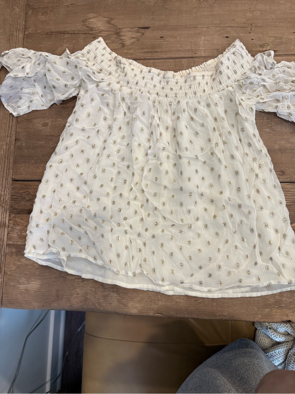Abercrombie & Fitch White Off-Shoulder Smocked Blouse with Gold Dot Accents